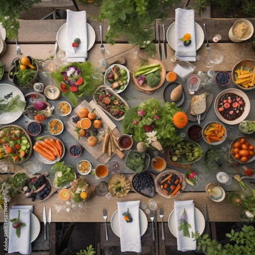 display of healthy, green, and spring related fruits and vegetables neatly shown on a deck with a table overhead view, ai generated