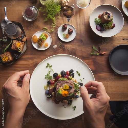 beautifully displayed dishes featuring spring related vegetables and vegan food with hands of a chef displayed, ai generated