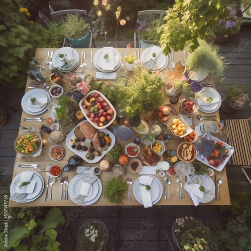 display of healthy, green, and spring related fruits and vegetables neatly shown on a deck with a table overhead view, ai generated