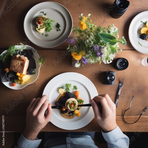 beautifully displayed dishes featuring spring related vegetables and vegan food with hands of a chef displayed, ai generated