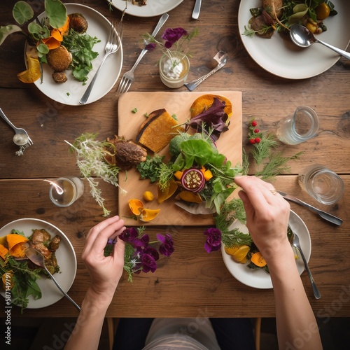 beautifully displayed dishes featuring spring related vegetables and vegan food with hands of a chef displayed, ai generated