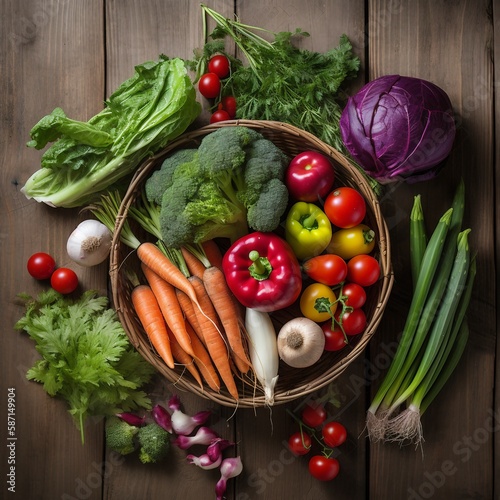 in season display of vegetables shown in beautiful display and organized, bright colored vegetables with bakets, ai generated