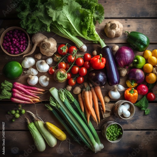 in season display of vegetables shown in beautiful display and organized, bright colored vegetables with bakets, ai generated