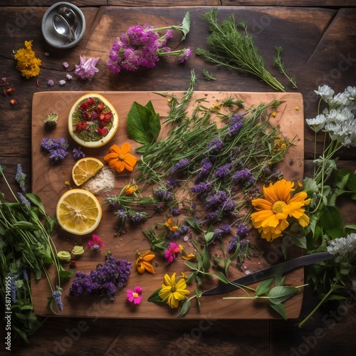 seasonal flowers and ingredients shown in neat and beauitufl display on a cutting board on a table, ai generated