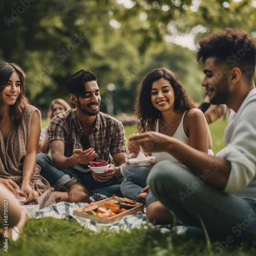 group of people getting together to enjoy seasonal vegetables and fruits in a park  relaxing and having fun  ai generated