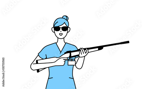 サングラスをかけてライフル銃を持つ女性看護師、理学療法士、作業療法士、言語聴覚士、看護助手