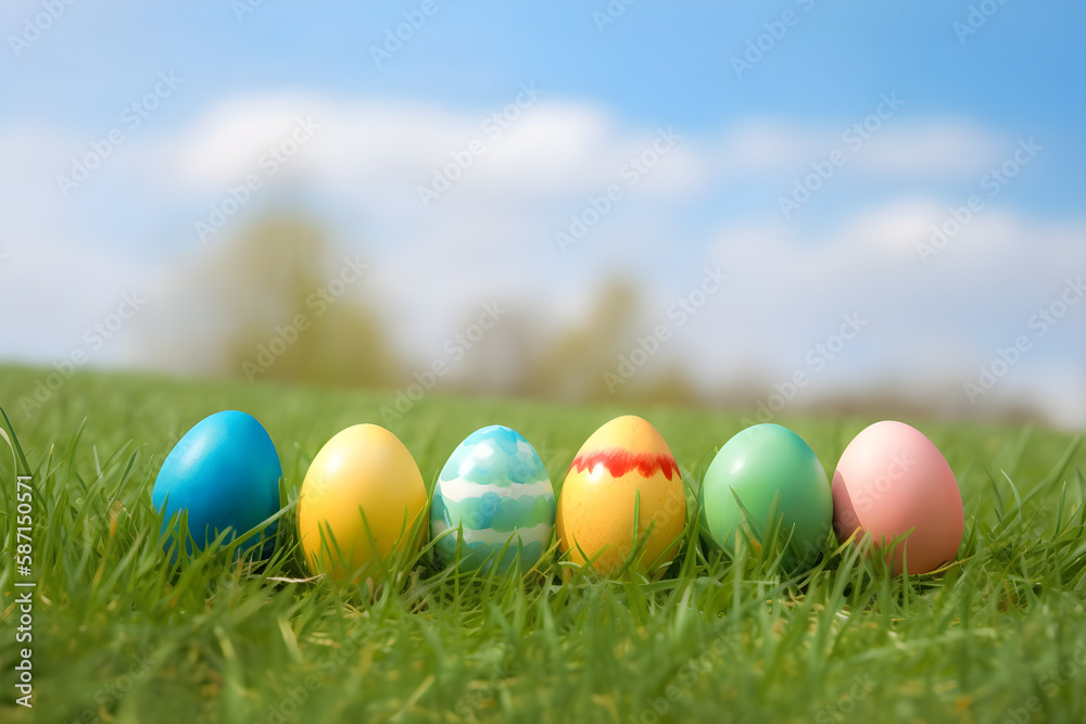 a row of painted eggs sitting on top of a lush green field 