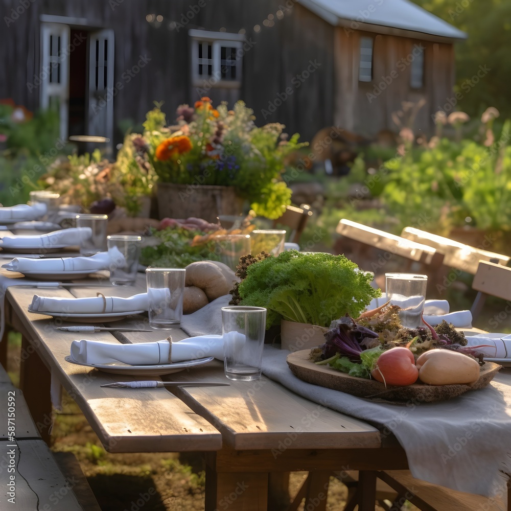 table filled with locally grrown seasonal vegetables, prepared table outside in spring, ai generated