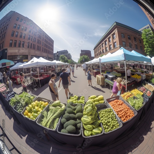people at a farmers market outside enjoying locally grown and eco friendly vegetables, ai generated