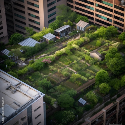 eco friendly green spaces grown on top of structurs in the city, ai generated