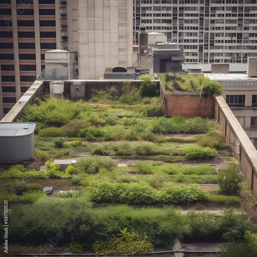 eco friendly green spaces grown on top of structurs in the city, ai generated