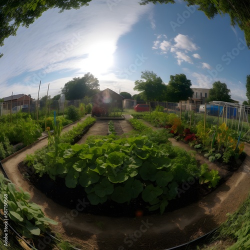 local community farms growing in the spring with people enjoying and working, ai generated