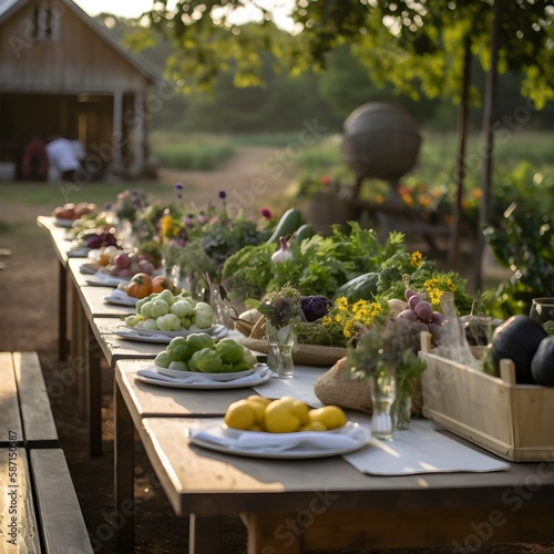 table filled with locally grrown seasonal vegetables, prepared table outside in spring, ai generated