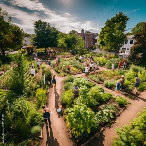 local community farms growing in the spring with people enjoying and working, ai generated