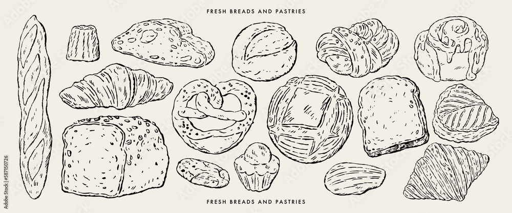 Fresh breads and pastries.Hand drawn sketches, vector illustrations.