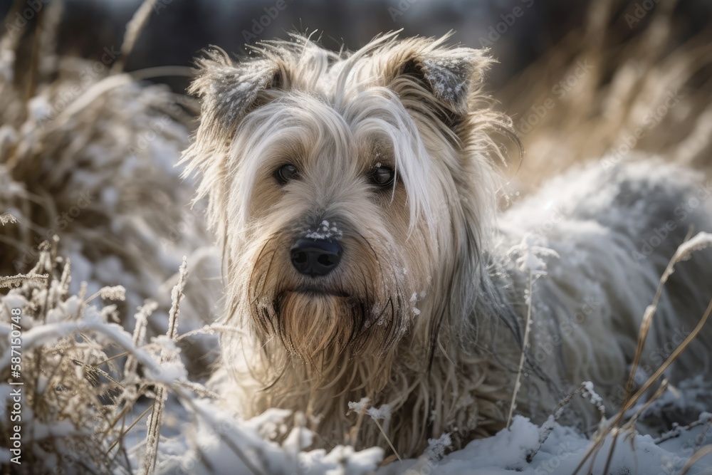 Mestizo terrier dog with long hair in winter. Generative AI Mestizo terrier dog with long hair in winter. Generative AI