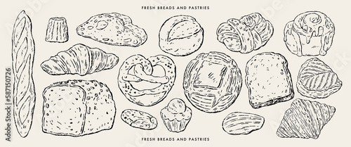 Fresh breads and pastries.Hand drawn sketches, vector illustrations.