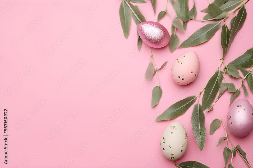a pink background with green leaves and painted eggs a pink background with green leaves and painted eggs