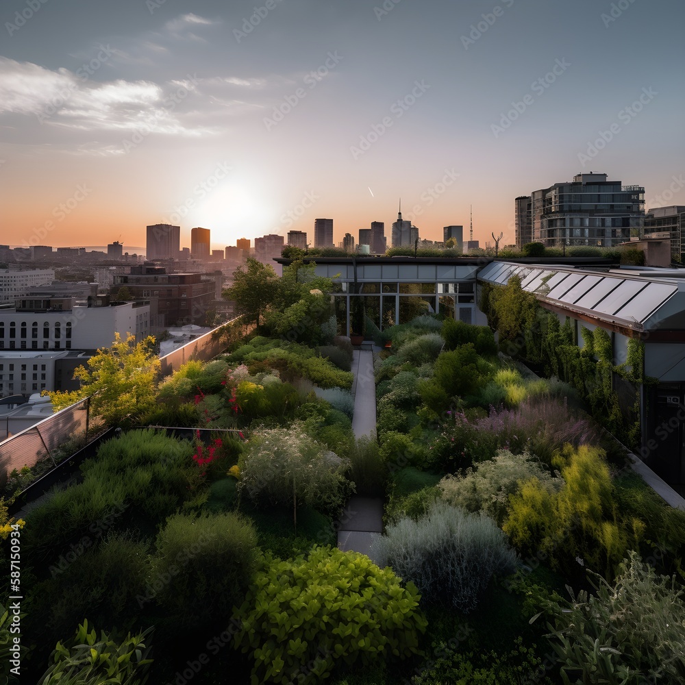 Obraz premium sustainable and green farm on top of building in the city, ai generated