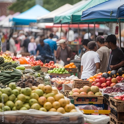 people at a farmers market outside enjoying locally grown and eco friendly vegetables, ai generated