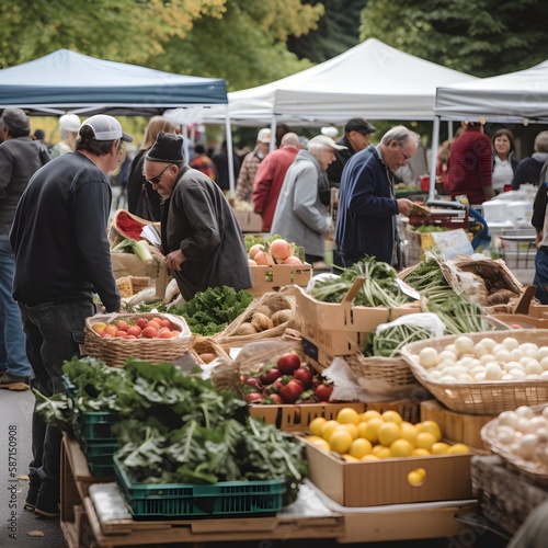 people at a farmers market outside enjoying locally grown and eco friendly vegetables, ai generated