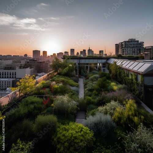 sustainable and green farm on top of building in the city, ai generated