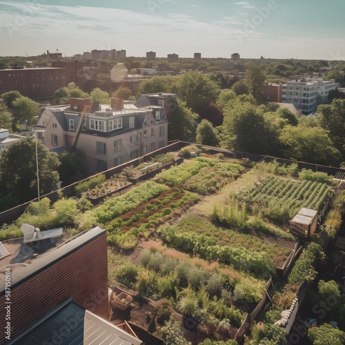 sustainable green farmk in the city on top of building, ai generated