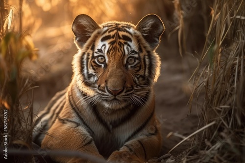 Incredible tiger in its natural environment. Pose taken by a cute tiger cub in the golden hour. scene of a dangerous animal in the wild. India's summers are hot. a lovely Indian tiger in a dry area. P