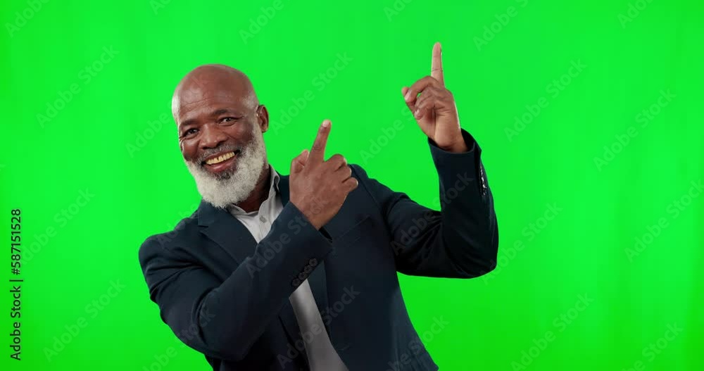 Showing, face and a black man pointing on a green screen isolated on a ...