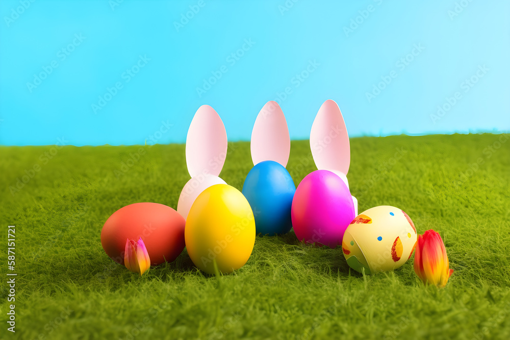 a group of easter eggs sitting on top of a green field 