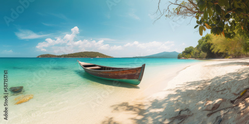 Canoe on the tropical sandy beach. Beautiful summer landscape of tropical island with boat in ocean. Transition of sandy beach into turquoise water. Travel and vacation concept  generative AI