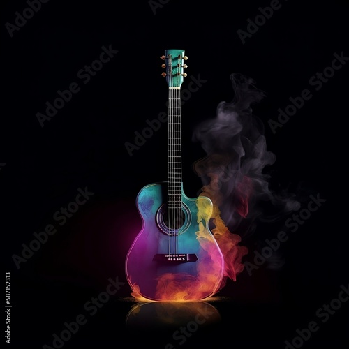 Acoustic guitar with bright vivid colored smoke on a dark background