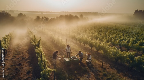 A beautiful vineyard in the fog with people working on the vines. Generative AI. 