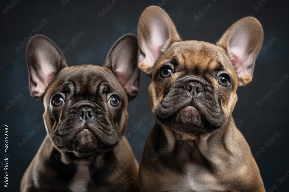 Two month old French bulldog puppies are posing for the camera. Generative AI