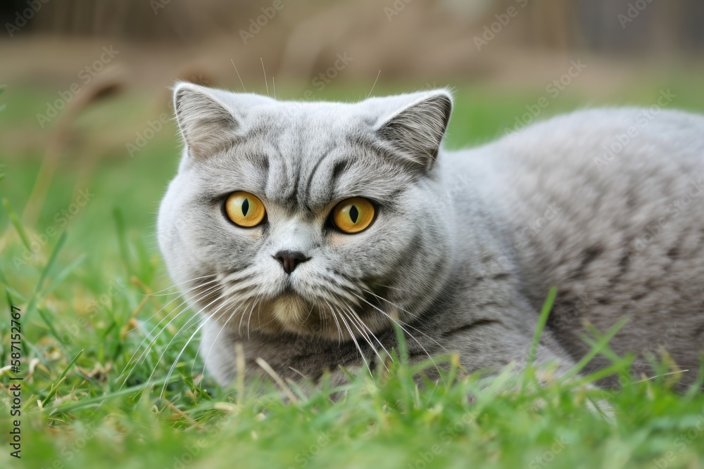 Scottish fold cat male in gray, carefully eyeing camera in green grass. Generative AI