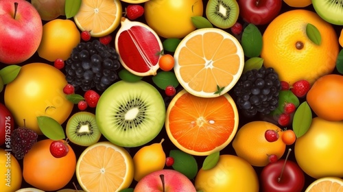 A variety of fruits including oranges  plums  grapes  and other fruits. Generative AI