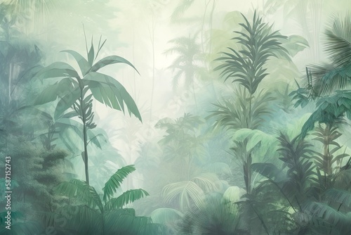 Illustration of tropical trees and leaves in a misty forest. Generative AI