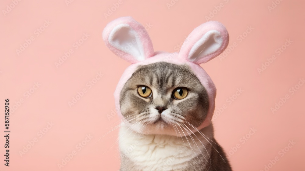 A cat wearing a bunny ears sits on a pink background. Generative AI