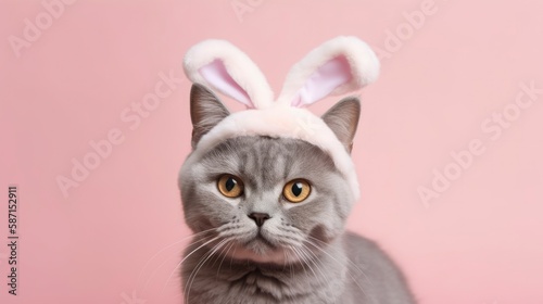 A cat wearing a bunny ears sits on a pink background. Generative AI