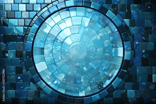 circular window with blue tile background. Generative AI
