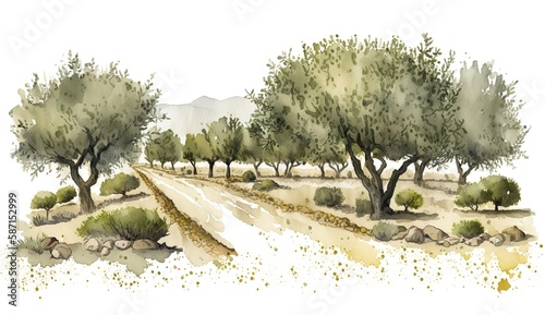 Olive grove in Andalusia, spain, abstract watercolor illustration. Generative AI