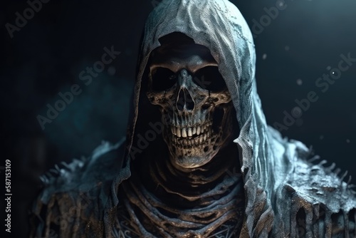 menacing skeleton with a knife and hooded jacket. Generative AI