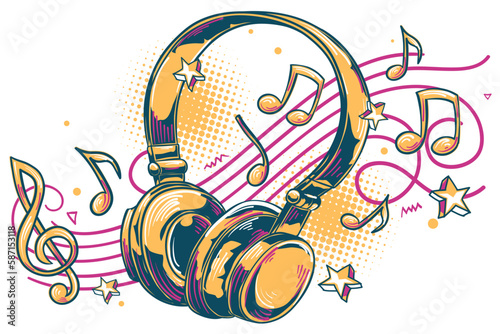 Music design - colorful drawn musical headphones and notes