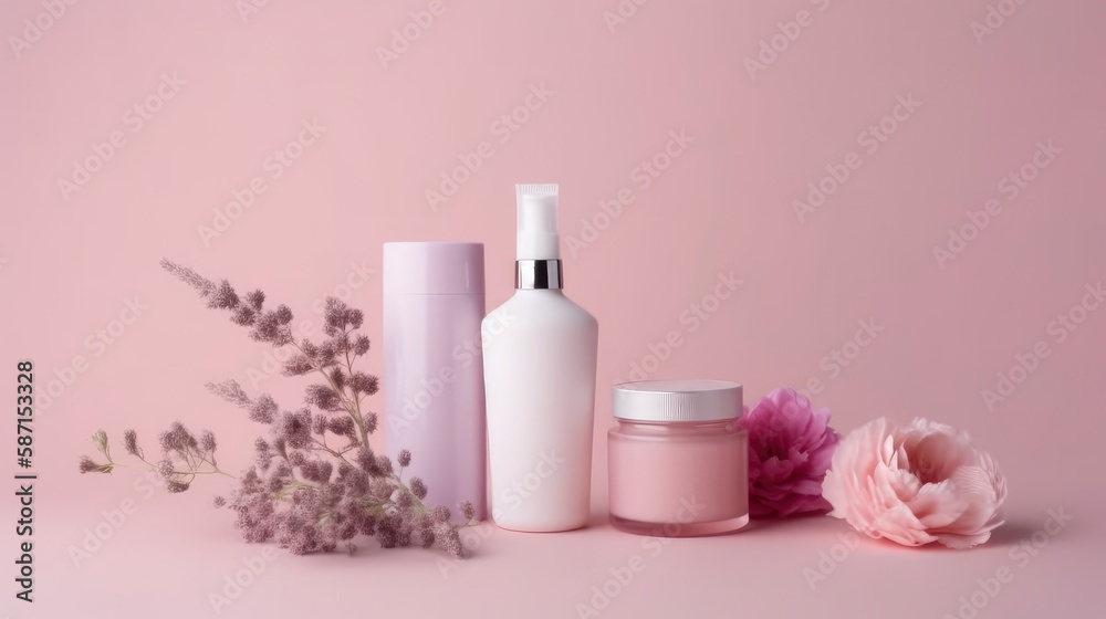 Skincare products next to a pink flower and background. Generative AI
