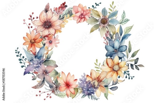 beautifully painted wreath of colorful flowers in watercolor. Generative AI