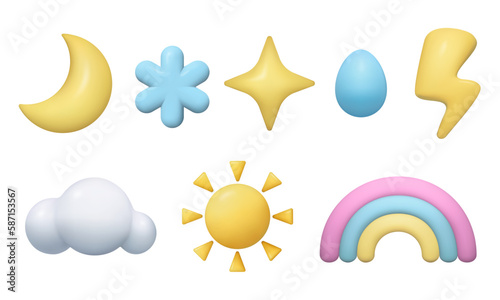 3d weather icons elements set sun moon cloud rainbow snowflake raindrop star lightning bolt