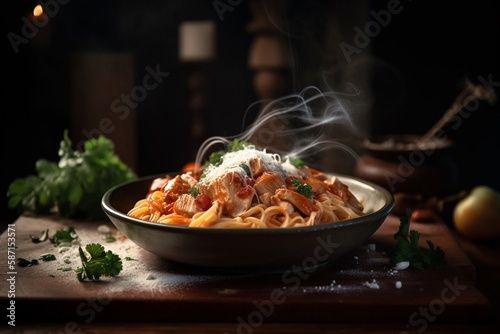 Realistic macaroni with vegetable on the bowl