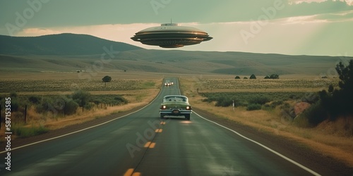 Unidentified flying object UFO. Flying saucer sightings and abduction of people in farm landscapes. Generative AI