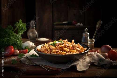 Realistic macaroni with vegetable on the bowl