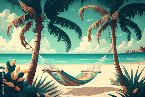 Cozy illustration of palm tree in the beach. Summer vibe. Generative AI. 